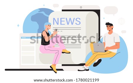 Reading latest or hot news online on smartphone or laptop. Modern business young men and women use news application on mobile phones and laptop. Flat design vector graphic style illustration.