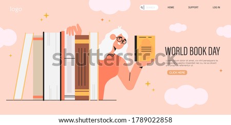 Smart woman or teacher in glasses hold a book and hide behind a pile of books. World book reading or literacy day banner, web page, social media post. Book market or fair concept. Online reading.