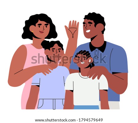 Happy smiling family members spending time together at home. Mother, father and children. Cute cartoon characters isolated on white background. Flat vector illustration of parents and children.