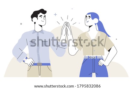 Man and woman clapping hands in high five isolated on white in trendy outline flat style. Concept of business or startup success, teamwork, cooperation, score a deal or nailed it. Work done.