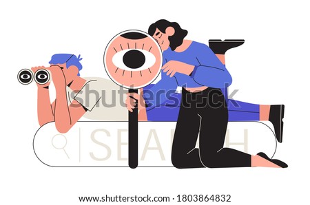 Man looking through binoculars and a woman through magnifying glass or loupe. Business metaphore for search or research, development, web surfing. Trendy outline characters for web or ui design.