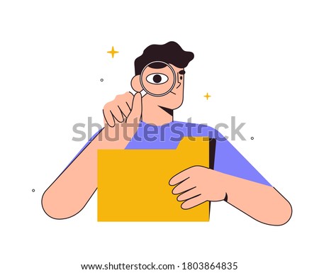 Man search a document or file in catalog folder. Metaphoric business or web illustration for banner, website, ui, ux design. Concept of information or data organization or optimization, search.