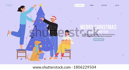 Happy family decorate christmas tree together with garland and baubles. Christmas and new year preparations banner, flyer, landing page. Trendy characters celebrate winter holidays and x-mas at home.