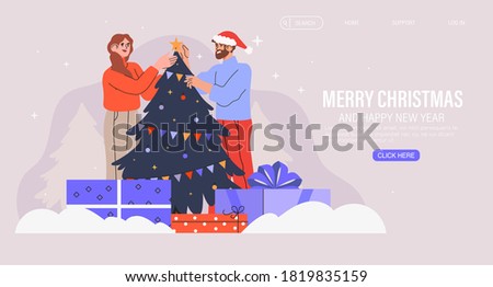 Happy family or couple decorate christmas tree together with garland and baubles. Christmas and new year banner, flyer, landing page. Trendy characters celebrate winter holidays and x-mas at home.