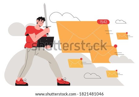 Brave man, office worker, business man fight with spam email messages by protecting his computor with sword. Spamming, email organization or mailbox cleaner concept illustration for web or ui design.