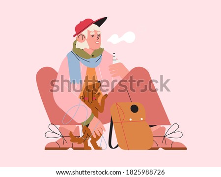 Cute trendy young woman walking a puppy and smoking electronic cigarette. Female character sitting with knapsack and vaping e-cigarette. Smoke-free cigarette concept. Bad Habit, Hipster Lifestyle.