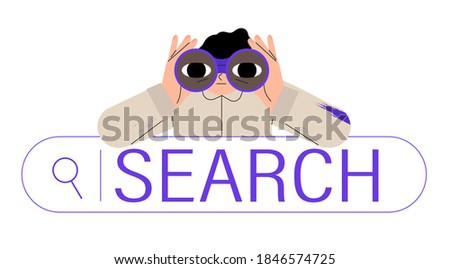 Curious man looking through binoculars. Business metaphore for search or research, development, web surfing. Trendy outline vector characters for web or ui design.