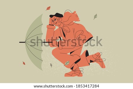 Woman in cool coat with umbrella fighting with strong wind or storm. Trendy vector illustration or print with female character walking under the rain. Nasty weather forcast or report, gale warning.