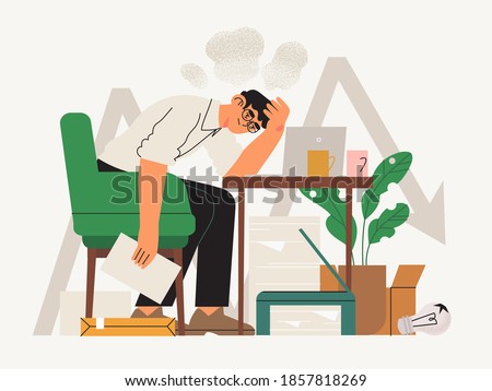 Exhausted male character or office, freelance worker during covid19 crises fighting for his busines. Small business owner, self employed, private entrepreneur facing difficulties or problems. Burnout.