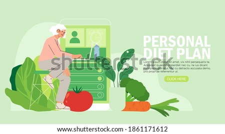 Woman sits plans her diet online or in application. Concept of healthy eating, personal diet or nutrition plan from dieting expert or online nutrition course or marathon preparation for banner, ui.