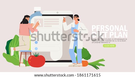 Online dietitian consultation. Concept of healthy eating, personal diet or nutrition plan from dieting expert or online nutrition course or marathon preparation. Can be used for social media banner. 