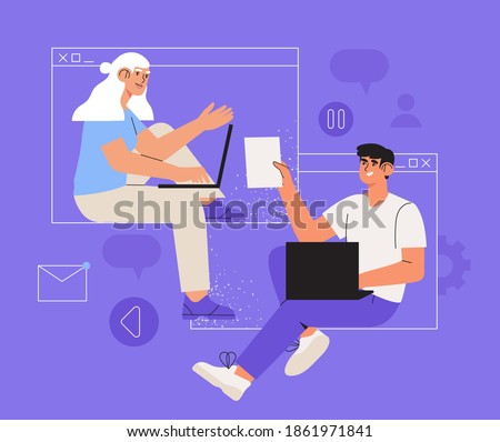 Creative business team, freelancers or partners work online using video call application or zoom. Distant working process or work at home concept. Trendy business characters discuss or meet online.