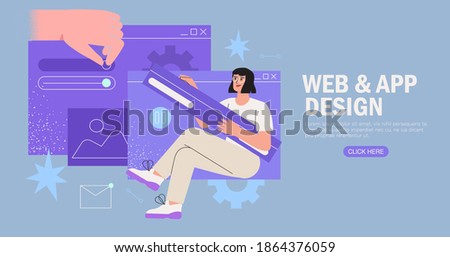 Designers working on website or application, ui ux design and programming. Creative team doing research and prototyping. Web studio or mobile application concept for banner, ads, landing page.