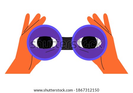 Hands hold binoculars and look through them. Vector illustration for search engine or research, web surfing. Trendy outline vector cartoon element for web, ui or application design.