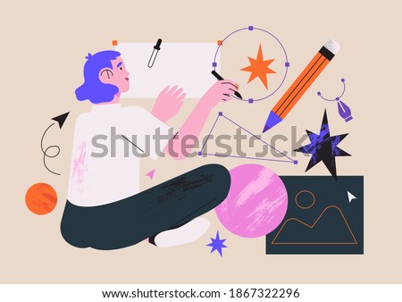 Woman illustrator working in software drawing abstract shapes with stylus pen. Designer character freelancer or art director concept. Creative process of making vector illustration for web ui design.