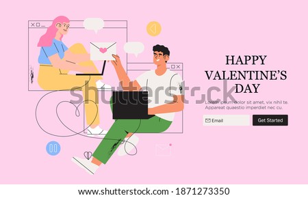 Valentines day conference video call banner, landing web page. Man and woman in love have remote romantic date online. Couple share their love in a message in internet or send greetings.