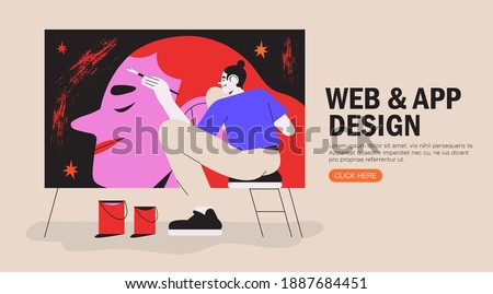 Male artist working with oil paint drawing woman portrait with a brush on a big canvas. Creative idea for drawing or art classes, lessons or online courses. Vector graphic for ui or website project.