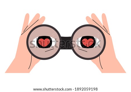 Hands hold binoculars and look through them. Eyes with red hearts full of love. Vector illustration for dating application or valentines day. Outline vector element for web, ui or application design.