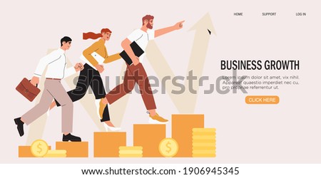 Business team walking success ladder or steps banner, web page. High potential and  company developement, growth. Concept of business success, leadership, innovation. Characters follow growing arrow.