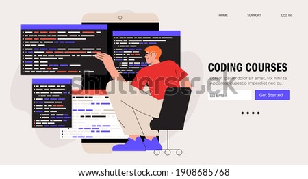 Programmer working on web development on computer. Concept of script coding and programming web site. Mobile app and computer software developing online courses banner, web landing page. 