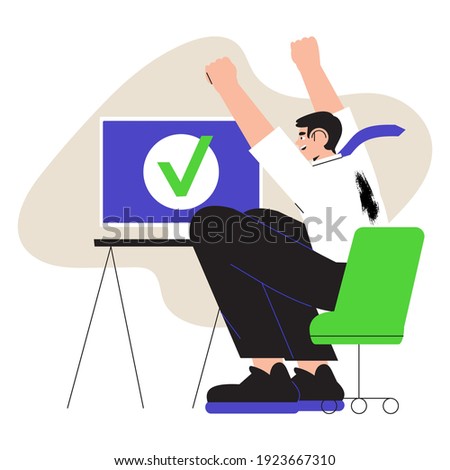 Vector ilustration of happy male worker or businessman completed task and triumphing with raised hands on his workplace. Successful well done work. Completed task concept for ui or web design.