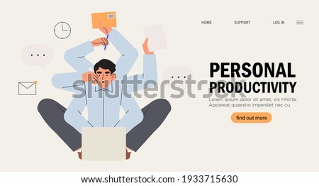 Multitasking and time management concept. Young freelancer man or business manager working at office on laptop. Personal or employee work productivity banner, web landing page. Busy businessman.