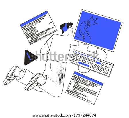 System administrator or engineer working on computer or repairing pc. Programmer searching for malware or bug in software or program. Trendy illustration in simple outline style for ui or web design.