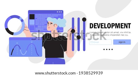 Design and programming banner, web landing page, advertisement. Designer working on ui ux design or mobile application. Studio or agency prototyping or coding web page or mobile app. Cms development.