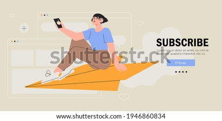 Young woman or female character sitting and flying on paper plane and sending message. Concept of email marketing, newsletter, news, offers, promotions subscription. Follow us on social media concept.