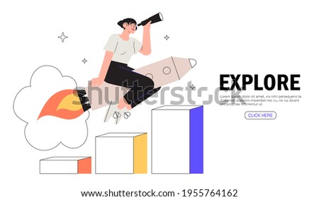 Successful ambitious woman moving high on rocket banner, landing page. Business motivation, startup launch and development. Explore new spheres, business growth, successful strategies search concept.