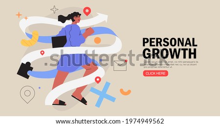 Business woman running on arrow through obstacles to her goal. Business developement, career success or growth and opportunity, startup concept banner, landing web page. Creative trendy character.