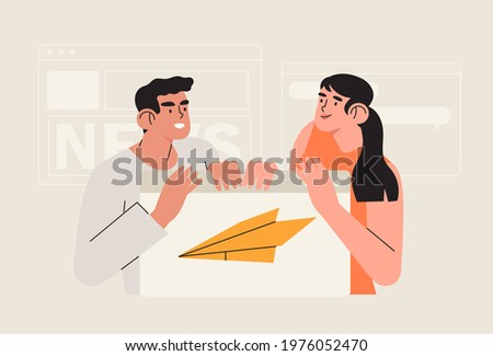 Man and woman hold web banner with paper plane sign and send message. Concept of email marketing, newsletter, news, offers, promotions offers subscription. Follow us on social media concept.