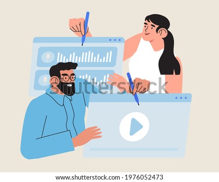 Video editor vector illustration. Creative team concept working with footage editing in online or offline software. Multimedia content production for online video blog channel or advertisement. 