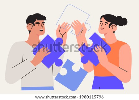 People team arrange puzzle vector illustration. Characters connecting puzzle elements or jigsaw pieces. Success collaboration, teamwork 	
coworking and business partnership concept. Business metaphor.