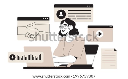 Business woman, designer or freelancer with laptop sit in office or work from home sign contract, make deal online. Character manage or finish project. Successful start up, art director concept. 