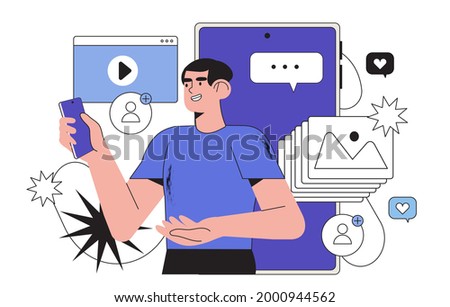 Young man look at smartphone screen and chatting, reffering a friend or presenting new application or website design. Concept of ui, ux design, smm, mobile application testing or programming courses.