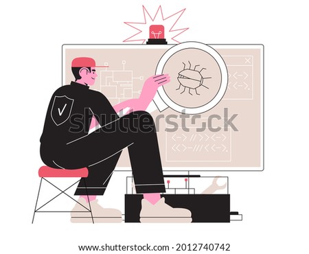 Man fix computer or laptop, deleting malware, virus, bug or system error. System administrator fixing program code or searching or preventing data leak. Programmer instal antivirus or spam protection.