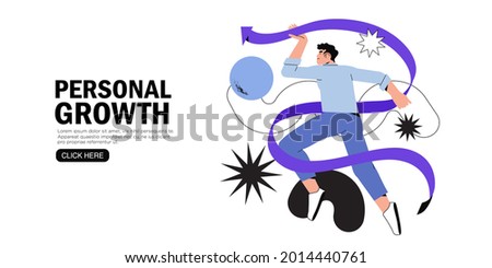 Business man jumping trying to reach top of arrow through obstacles to his goal. Business developement, career success or growth and opportunity, startup concept banner, web page. Creative character.