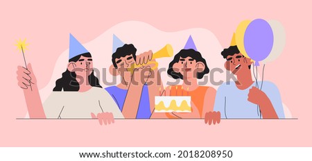 Group of smiling people celebrating birthday or anniversary. Men and women have birthday party with baloons, cake and sparkler. Concept of grand opening, company or team bday, successful deal startup.
