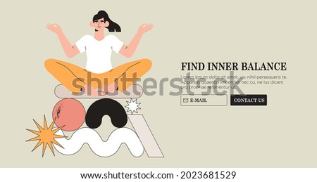 Business woman sit on big pile or top of abstract geometric shapes search for work life balance or  meditating. Balance between leisure, rest and work. Yoga meditation or mental health concept.
