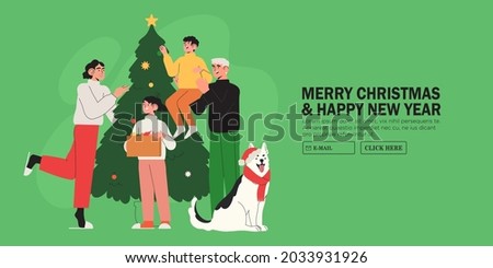 Happy family decorate christmas tree together with garland and baubles. Christmas and new year preparations banner, landing web page. Characters celebrate winter holidays and x-mas at home.