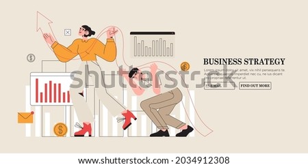 Characters hold growing statistics arrow. Business growth or effective startup strategy concept, company statisctics and sales management analysis. Finance and investment banner, web site page.
