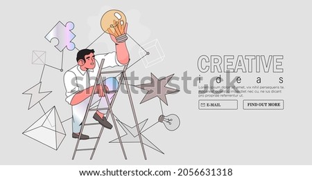 Business vision. Concept career growth. Career, start up, take-off on the career ladder. Vector illustration for web landing page, social media. Businessman steps onto ladder and turn on light bulb.