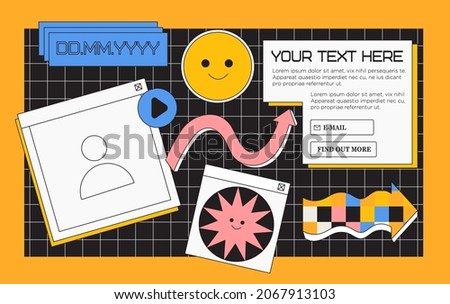 Live online streaming video or educational seminar preview banner with geometric elements and emoji in oldschool 90s, 80s style with place for photo and text. Smiling abstract shapes and arrow. Stock foto © 
