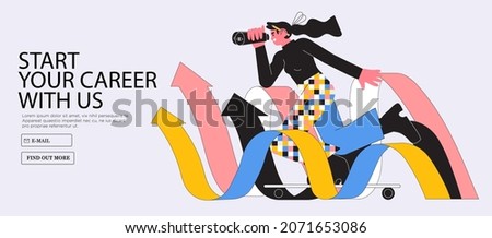 Woman riding skateboard and look in binocular searching job or inspiration. Career or personal growth or choice. Educational process banner, ad, landing page or poster for web, startup or courses. 