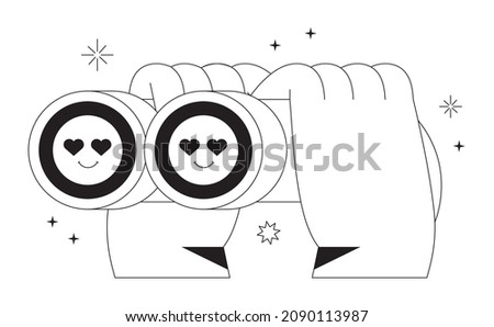Hands hold binocular and look searching soulmate. Eyes with hearts full of love. Vector illustration for dating application or valentines day. Outline vector element for web, ui or application design.