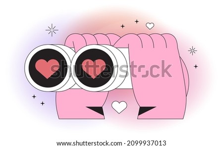 Hands hold binoculars and look through them. Eyes with red hearts full of love. Vector illustration for dating application or valentines day. Outline vector element for web, ui or application design.