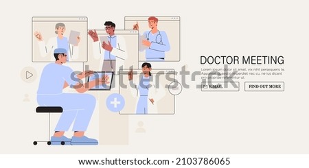 	
Diverse expert team of doctors in web browser windows discuss medicine healthcare issues concept. Online medical consensus. Global doctors web conference, emergency medical crisis video.