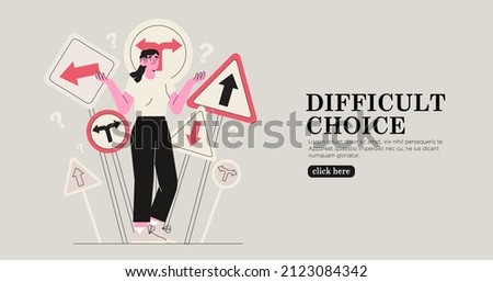 Business decision making, career path, work direction or choose the right way to success concept, confusing woman or student looking at multiple road sign with question mark and think which way to go.