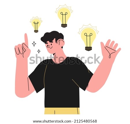 Vector business illustration of man with lightbulb and finger pointing up in aha moment isolated on white background. The concept of idea, brainstorm, thinking, solution, eureka, bingo. Сток-фото © 